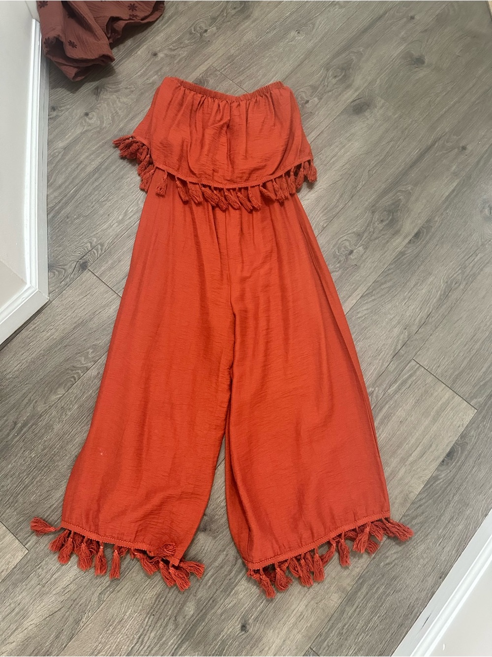 Strapless Tassel Wide-Leg Jumpsuit - Rust romper size small